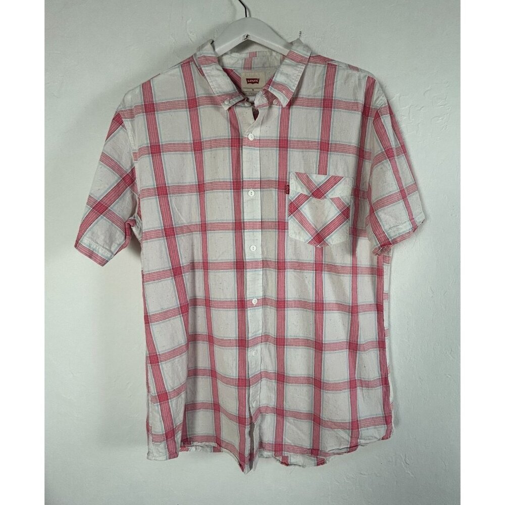 Levi's Mens White Plaid Short-Sleeve Button-Down Shirt XL Cotton Blend Casual